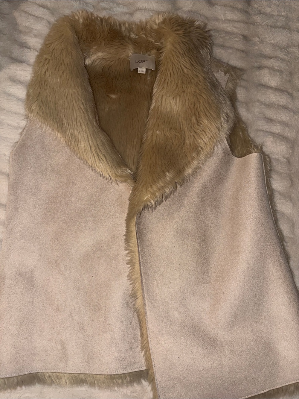 LOFT Beige Suede-Look Vest with Tan Faux Fur Trim